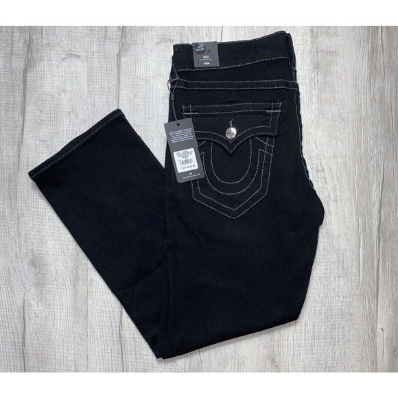 True Religion Mens size 34x32 Ricky Flap SN Relaxed Straight Jeans Black Denim